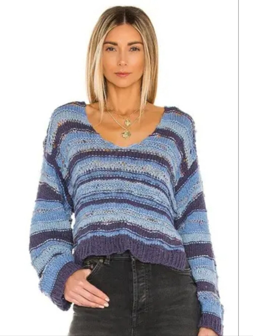 Free People Lake Life Pullover Sweater‎ In Bottled Blue Combo Women's Size Large